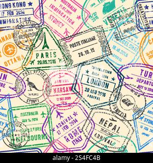 Vektor nahtloses Muster von Reiseillustrationen mit Briefmarken, Visa und verschiedenen Reisedokumenten. Farbstempel am Flughafen für offizielle Abreise oder Ankunft. Vektor nahtloses Muster von Reiseillustrationen mit Briefmarken, Visa und verschiedenen Reisedokumenten Stock Vektor