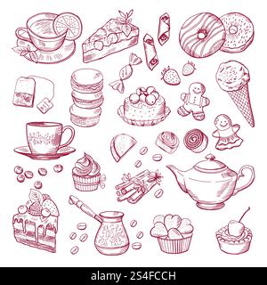 Tee und Kaffee, verschiedene Elemente. Süßigkeiten, Cupcakes. Handgezeichnete Vektorgrafik. Süßer Cupcake und Nachtisch zum Tee. Tee und Kaffee, verschiedene Elemente. Süßigkeiten, Cupcakes. Handgezeichnete Vektorabbildungen Stock Vektor