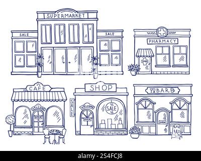Vorderansicht der Gebäudefassade. Laden, Café, Einkaufszentrum und Apotheke. Doodle Illustrationen Set. Fassade des Apotheken- und Ladengebäudes. Vorderansicht der Gebäudefassade. Laden, Café, Einkaufszentrum und Apotheke. Doodle Illustrationen Set Stock Vektor
