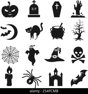 Schwarze Halloween-Silhouettensymbole. Kürbis und Spinne, Fledermaus und Grabstein-Vektor-Silhouetten. Halloween schwarze Silhouette Vektorsymbole Stock Vektor