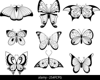 Set aus verschiedenen Schmetterlingen und Käfern mit wunderschönen Mustern auf den Flügeln. Handgezeichnete Vektorabbildungen. Schwarz-weißer Schmetterling mit gemusterten Flügeln. Set aus verschiedenen Schmetterlingen und Käfern mit wunderschönen Mustern auf den Flügeln. Handgezeichnete Vektorabbildungen Stock Vektor