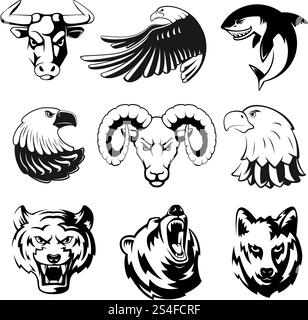Köpfe von Tieren für Logo- oder Sportsymbole. Grizzly, Bär und Adler. Einfarbige Maskottchen Illustrationen für Etiketten. Wolf, Hai und Widder. Große Vektorgruppe von Tierköpfen Tattoo. Köpfe von Tieren für Logo- oder Sportsymbole. Grizzly, Bär und Adler. Einfarbige Maskottchen Illustrationen für Etiketten. Wolf, Hai und Widder. Großer Vektorsatz Stock Vektor
