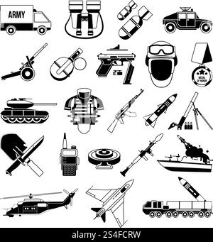 War Monochrom-Symbole gesetzt. Silhouette von Militärbildern. Schlachtschiff, Soldaten, Lastwagen und verschiedene Waffen. Militärisches schwarzes Schlachtschiff und Granate, Munition und Trägerrakete. Vektorabbildung. War Monochrom-Symbole gesetzt. Silhouette von Militärbildern. Schlachtschiff, Soldaten, Lastwagen und verschiedene Waffen Stock Vektor