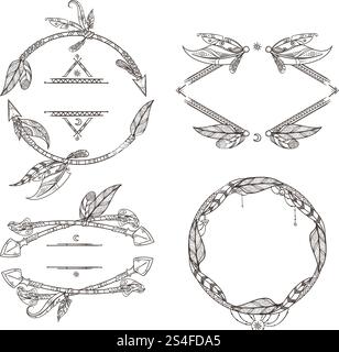 Rahmen Set aus Federpfeilen und anderen dekorativen Elementen im Boho-Stil. Rahmen Vintage-Feder ethnischer Stammesstamm, Bohemian Skettowierung monochrom. Vektorabbildung. Rahmen Set aus Federpfeilen und anderen dekorativen Elementen im Boho-Stil. Vektorabbildungen Stock Vektor