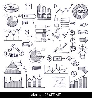 Kreisdiagramm, Grafiken und Diagramme. Geschäftliche Illustrationen in handgezeichnetem Stil. Geschäftsgrafik und Diagramm, Informationen handgezeichnete Tortendiagramm-Statistik. Kreisdiagramm, Grafiken und Diagramme. Geschäftliche Illustrationen in handgezeichnetem Stil Stock Vektor