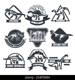 Einfarbige Grunge-Etiketten mit verschiedenen Dinosauriern. Illustration der Jurassic Park Label Kollektion. Einfarbige Grunge-Etiketten mit verschiedenen Dinosauriern Stock Vektor