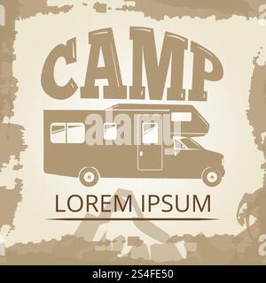 Vintage-Poster oder Etikett mit Campingbus. Banner mit Campingbus. Vektorabbildung. Vintage-Poster oder Etikett mit Campingbus Stock Vektor