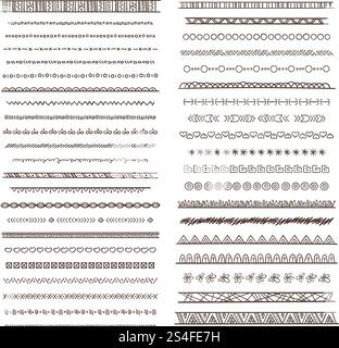 Tribal Borders Illustrationen im Boho-Stil. Vektorsammlung isolieren. Handgezeichnete Bilder einfarbig mit ethnischen Stämmen Ornament Muster. Tribal Borders Illustrationen im Boho-Stil. Vektorsammlung isolieren. Handgezeichnete Bilder Stock Vektor