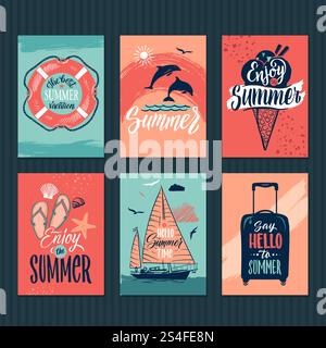 Sommer, tropische Postkarten oder Retro-Poster mit handgezeichneten Buchstaben. Vektorabbildung. Tropisches Urlaubsposter, Banner Sommerurlaub und Urlaub. Sommer, tropische Postkarten oder Retro-Poster mit handgezeichneten Buchstaben. Vektorabbildung Stock Vektor