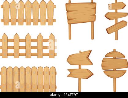 Gartenzäune und Schilder mit Holzbeschaffenheit. Vektorabbildung isoliert auf weiß setzen. Holzzaun und Holzpfeilabzeichen. Gartenzäune und Schilder mit Holzbeschaffenheit. Vektorabbildung isoliert auf weiß setzen Stock Vektor