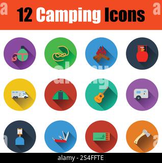 Camping Icon Set. Farbe flache Bauform mit Schatten. Vector Illustration. Stock Vektor