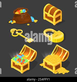 Alte Holzkiste mit Schätzen, Vintage Schlüssel und Schloss. Vektorillustrationen im Cartoon-Stil. Schatztruhe mit Diamanten und Goldmünzen. Alte Holzkiste mit Schätzen, Vintage Schlüssel und Schloss. Vektorillustrationen im Cartoon-Stil Stock Vektor