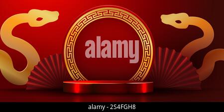 Grußkarte zum chinesischen Neujahr 2025, Banner mit goldenem und Podium. Traditionelles chinesisches Tor und Hintergrund der Handfans. Frohes Chinesisches Neujahr. Vektorabbildung Stock Vektor