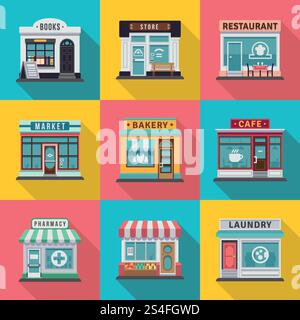 Eine Reihe von Fassaden mit flachen Ladengebäuden. Vektor-Illustration für lokalen Markt Store House Design. Ladenfassade Gebäude, Straßenmarkt. Eine Reihe von Fassaden mit flachen Ladengebäuden. Vektor-Illustration für lokalen Markt Store House Design Stock Vektor