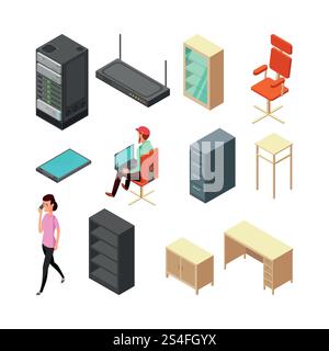 Satz isometrischer Symbole für das Büro. Server, Sessel, Tisch, Schrank und Personal. Illustration des flachen Vektors. Bürosessel und -Stuhl, Tisch und Router. Satz isometrischer Symbole für das Büro. Server, Sessel, Tisch, Schrank und Personal. Illustration des flachen Vektors Stock Vektor