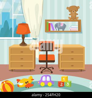 Babyzimmer-Innenausstattung mit Bett und Spielzeug in flacher Vektorillustration. Spielzimmer mit Tisch und Stuhl. Babyzimmer-Innenausstattung mit Bett und Spielzeug in flacher Vektorillustration Stock Vektor