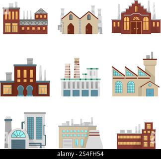 Werkseitige Illustrationen. Moderne Industriegebäude isoliert auf weiß. Fabrikbau Industrie-, Raffinerie-Manufaktur. Werkseitige Illustrationen. Moderne Industriegebäude isoliert auf weiß Stock Vektor
