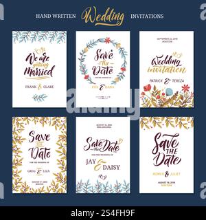 Einladungskarten zur Hochzeit mit kalligraphischen Wörtern. Speichern Sie das Datum. Karte Hochzeit mit Blumendekoration, Illustration der Hochzeitseinladung und speichern Sie das Datum. Einladungskarten zur Hochzeit mit kalligraphischen Wörtern. Speichern Sie das Datum Stock Vektor