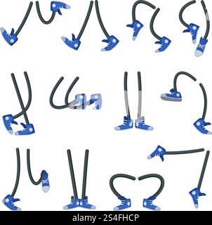 Charaktere Beine in Schuhen. Unterschiedliche Positionen und Situationen. Gehen, Laufen und Stehen. Beinlauf und Gehen, Schuh-Cartoon. Vektorabbildung. Charaktere Beine in Schuhen. Unterschiedliche Positionen und Situationen. Gehen, Laufen und Stehen Stock Vektor