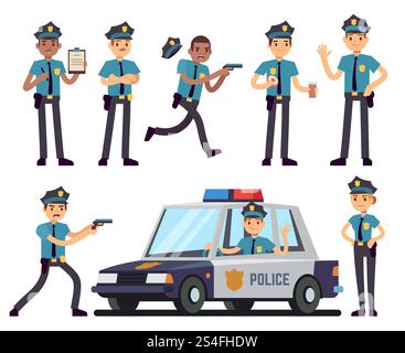 Cartoon-Polizistin und Polizist-Charaktere in Polizeiuniformen-Vektor-Set. Polizist-Figur, Polizist in Hut-Illustration. Cartoon-Polizistin und Polizist-Charaktere in Polizeiuniformen-Vektor-Set Stock Vektor