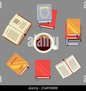 Bücher lesen und Kaffee trinken - Schüler Konzept mit Büchern und einer Tasse Kaffee. Arbeitspapier auf dem Tisch. Vektorabbildung. Bücher lesen und Kaffee trinken - Schüler Konzept mit Büchern und einer Tasse Kaffee Stock Vektor