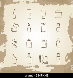 Vintage Line Ikonen Kosmetikflaschen und -Geräte. Kosmetische Elemente, Vektorillustration. Vintage Line Ikonen Kosmetikflaschen und -Geräte Stock Vektor