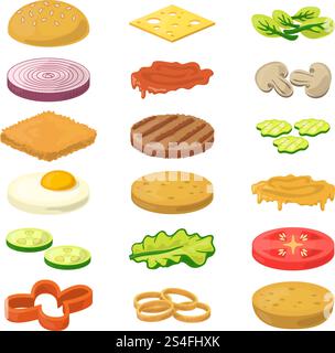 Vektor-Illustration von verschiedenen Burger Zutaten im Cartoon-Stil. Bilder von Fast Food. Zutaten für Snack Burger Cartoon. Vektor-Illustration von verschiedenen Burger Zutaten im Cartoon-Stil. Bilder von Fast Food Stock Vektor