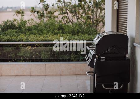 Grillstation im Freien für gemütliche rustikale Frischluftküche Stockfoto