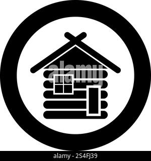 Holzhaus Scheune mit Holz modulare Blockhütten Holzhütten modulare Häuser Icon schwarzer Farbvektor in Kreis runde Illustration flache Stil einfaches Bild. Holzhaus Scheune mit Holz modulare Blockhütten Holzhütten modulare Häuser Icon schwarzer Farbvektor in Kreis Runde Illustration flache Stil Bild Stock Vektor