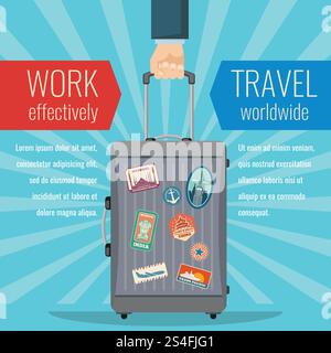 Mann hält Reisetasche mit Aufklebern für Sehenswürdigkeiten. Konzept des Reisenden Vektors. Illustration von Gepäck für Urlaub und Koffer. Mann hält Reisetasche mit Aufklebern für Sehenswürdigkeiten. Konzept des Reisenden Vektors Stock Vektor