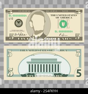 Dollarscheine, US-Geldscheine - 5 Dollar isoliert auf transparentem Hintergrund. Vektorabbildung. Dollarscheine, US-Geldscheine Stock Vektor
