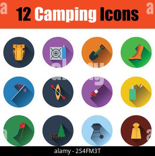 Camping Icon Set. Farbe flache Bauform mit Schatten. Vector Illustration. Stock Vektor