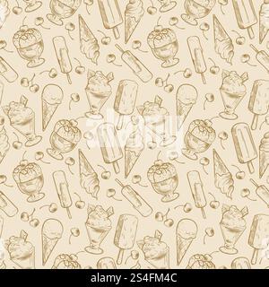 Vintage-Dessertmuster – skizzieren Sie das nahtlose Muster von Eis und Kirschen. Vektorabbildung. Vintage-Dessertmuster – skizzieren Sie das nahtlose Muster von Eis und Kirschen Stock Vektor