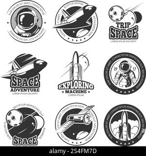 Vintage Space, Astronautik, Vektoretiketten für Shuttle-Flüge, Logos, Abzeichen, Embleme. Flugshuttle-Etikett, Illustration der Rakete des Startschiffs. Vintage Space, Astronautik, Vektoretiketten für Shuttle-Flüge, Logos, Abzeichen, Embleme Stock Vektor