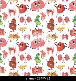 Innere menschliche Organe mit lustigem Lächeln, im Cartoon-Stil. Nahtloses Vektor-Muster mit Blase und Zeichentrick-Gehirn-Illustration. Innere menschliche Organe mit lustigem Lächeln, im Cartoon-Stil. Nahtloses Vektormuster Stock Vektor
