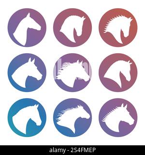 Weiße Silhouetten in runden Ikonen. Vektorabbildung. Pferdeköpfe Silhouetten-Symbole gesetzt Stock Vektor