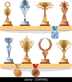 Trophäensammlungen im Regal. Goldene, bronzene und silberne Medaillen und Becher. Vector Awards Set aus Sportpreisträgerpokal, Illustration des ersten Gewinners. Trophäensammlungen im Regal. Goldene, bronzene und silberne Medaillen und Becher. Vektor-Auszeichnungen festgelegt Stock Vektor