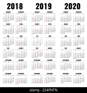 Vektorkalendervorlage 2018, 2019 und 2020 Jahre. Abbildung des Jahreskalenders und der Monatsdarstellung. Vektorkalendervorlage 2018, 2019 und 2020 Jahre Stock Vektor