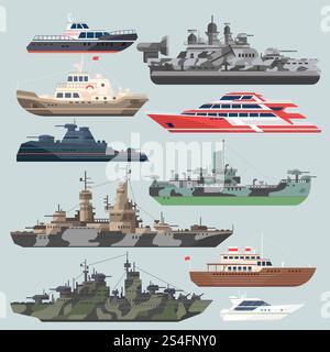 Passagierschiffe und Schlachtschiffe. U-Boot-Zerstörer im Meer. Wasserboote Vektor-Illustrationen in flachem Stil. Kampfschiff und Marine Transport Militär. Passagierschiffe und Schlachtschiffe. U-Boot-Zerstörer im Meer. Wasserboote Vektor-Illustrationen in flachem Stil Stock Vektor