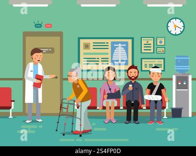 Patienten und behinderte Menschen, die auf den Arzt im Klinikzimmer warten. Vektormedizin. Kliniksaal mit Patient, Illustration medizinischer Patienten in Linie. Patienten und behinderte Menschen, die auf den Arzt im Klinikzimmer warten. Vektor-medizinische Illustration Stock Vektor