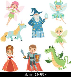 Märchenfiguren in verschiedenen Kostümen. Prinzessin, lustiges Einhorn. Zauberer, Drache und Ritter. Vektorillustrationen im Cartoon-Stil. Feenflügel und Einhorn, Ritter und magischer Drache. Märchenfiguren in verschiedenen Kostümen. Prinzessin, lustiges Einhorn. Zauberer, Drache und Ritter. Vektorillustrationen im Cartoon-Stil Stock Vektor