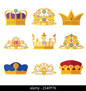 Prinzessin Diadems und goldene Kronen von Königen und Königinnen. Vektorset Isolate auf weiß. Schmuck Königskrone, Illustration der Königskrone. Prinzessin Diadems und goldene Kronen von Königen und Königinnen. Vektorset Isolate auf weiß Stock Vektor