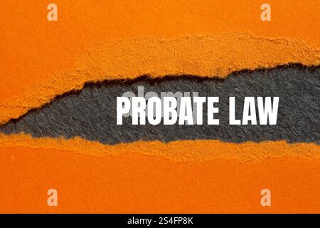 Nachlassgesetznachricht geschrieben auf gerissenem orangenem Papier mit grauem Hintergrund. Symbol für das konzeptionelle Nachlassgesetz. Kopierbereich. Stockfoto
