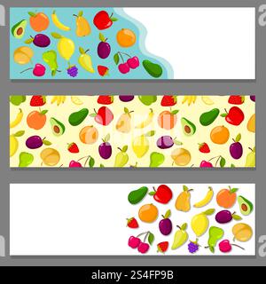 Satz horizontaler Banner mit Früchten. Design-Set des Banners mit Lebensmitteln Obst, Vektor-Illustration. Satz horizontaler Banner mit Früchten Stock Vektor