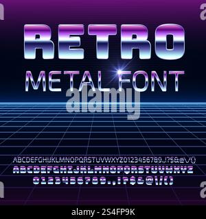 Metallvektorschriftart für Retro-Raum. Metallica futuristische Chrombuchstaben und Zahlen im Vintage-Stil der 80er Jahre. Futuristisches Vintage-Alphabet, Typografie-Illustration der 80er Jahre. Metallvektorschriftart für Retro-Raum. Metallica futuristische Chrombuchstaben und Zahlen im Vintage-Stil der 80er Jahre Stock Vektor