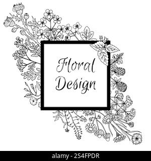 Quadratischer Rahmen mit handgezeichneten Blumen im grafischen Stil. Kann für Etiketten, Banner, Emblem-Kräuter-Bio-Produkte verwendet werden. Vektorabbildung. Rahmen mit handgezeichneten Blumen im grafischen Stil. Stock Vektor