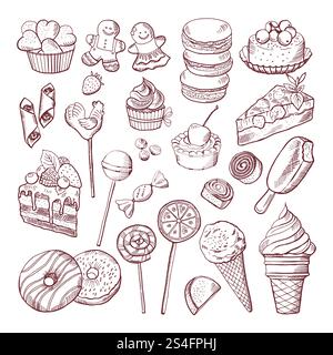 Vektor-Kritzelbilder von verschiedenen Desserts Süßigkeiten und Kuchen. Süße Kuchenskizze, Illustration von süßem Essen. Vektor-Kritzelbilder von verschiedenen Desserts Süßigkeiten und Kuchen Stock Vektor