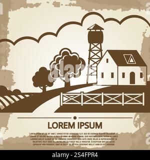 Grunge Farm Hintergrund auf Vintage Seite mit Bauernhaus und Text. Vektorabbildung. Grunge Farm Hintergrund Bauernhof Haus Stock Vektor