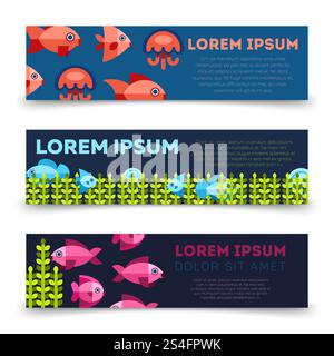 Sealife Banner Kollektion - Ozean Banner mit farbigen Fischen. Vektorabbildung. Sealife Banner Kollektion - Ozean Banner mit Fischen Stock Vektor