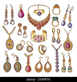 Farbige handgezeichnete Bilder von luxuriösem Vintage-Schmuck. Handgezeichnete Zeichnung Skizze Diamant Edelstein. Vektorabbildung. Farbige handgezeichnete Bilder von luxuriösem Vintage-Schmuck Stock Vektor